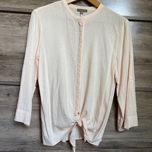 Lilla P Pale Pink Tie Front Button Down Blouse 20% Linen Women's M great preworn - Picture 11 of 11